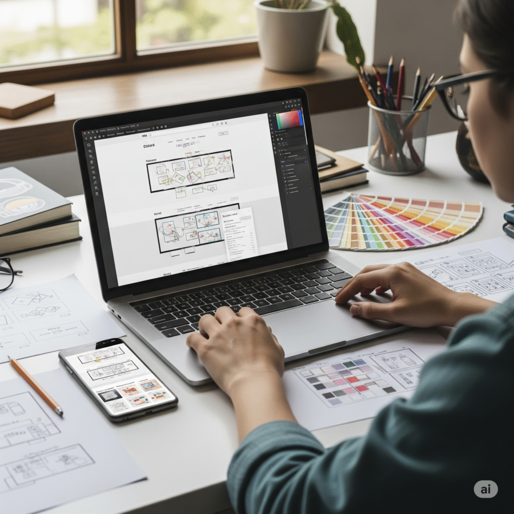 Freelancer working on UX/UI design for a website layout - freelance jobs in demand 2025.