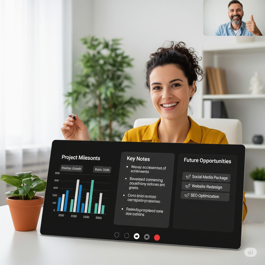 Freelancer presenting project to client with upsell suggestions, showing how to make money freelancing by delivering value.