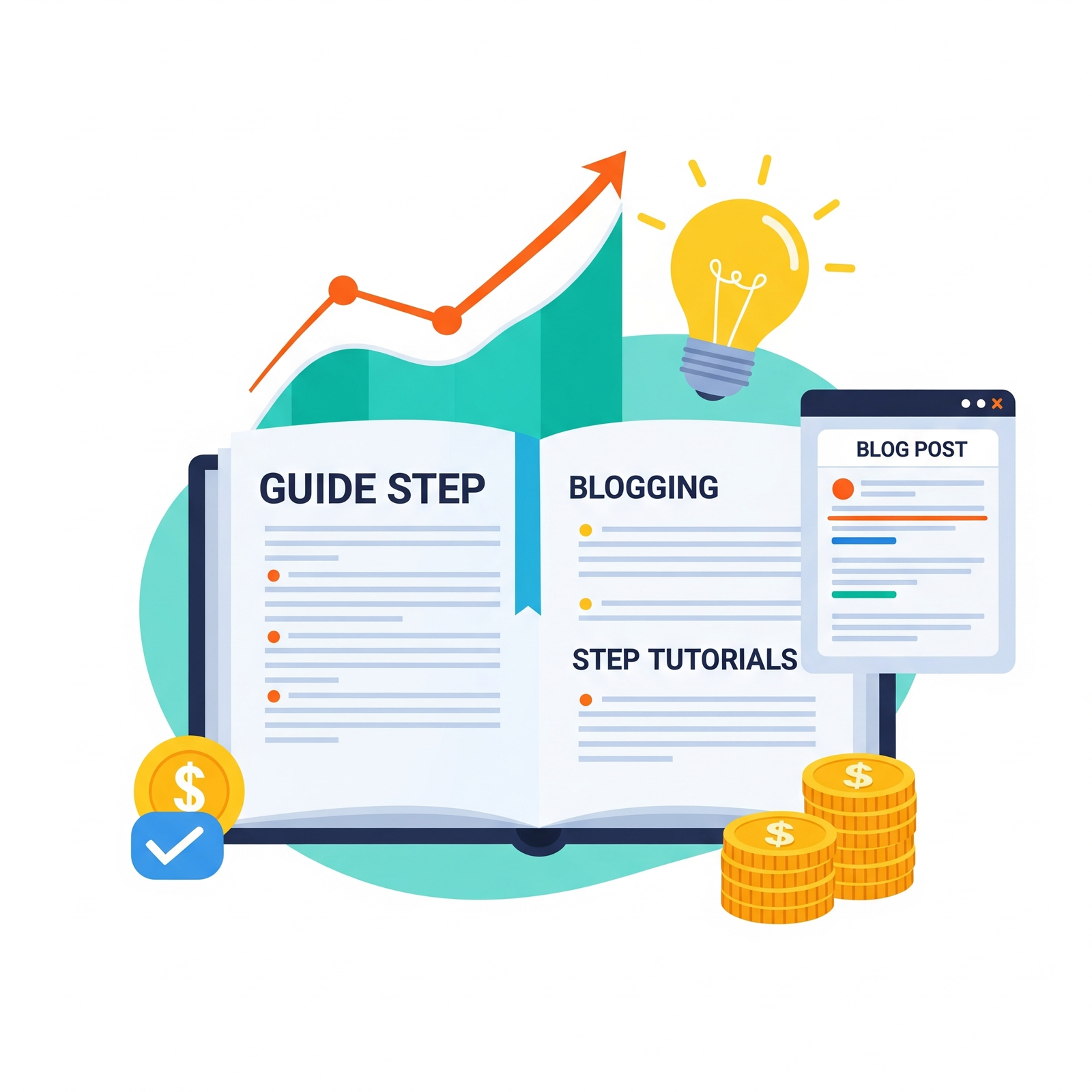 Step-by-step blogging guide visuals with growth and income symbols for beginners.