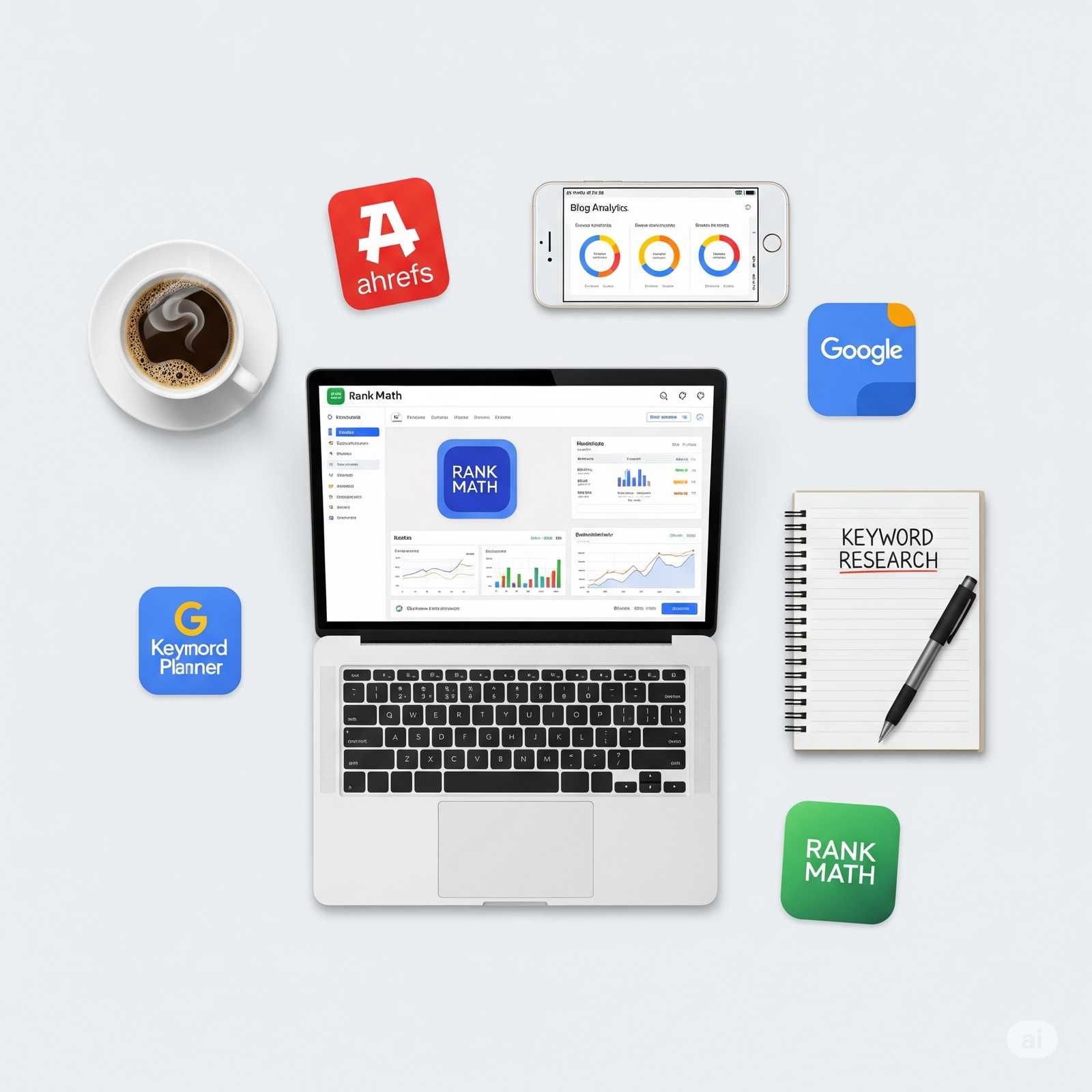 Affiliate blogging tools on a workspace desk including SEO and keyword research tools
