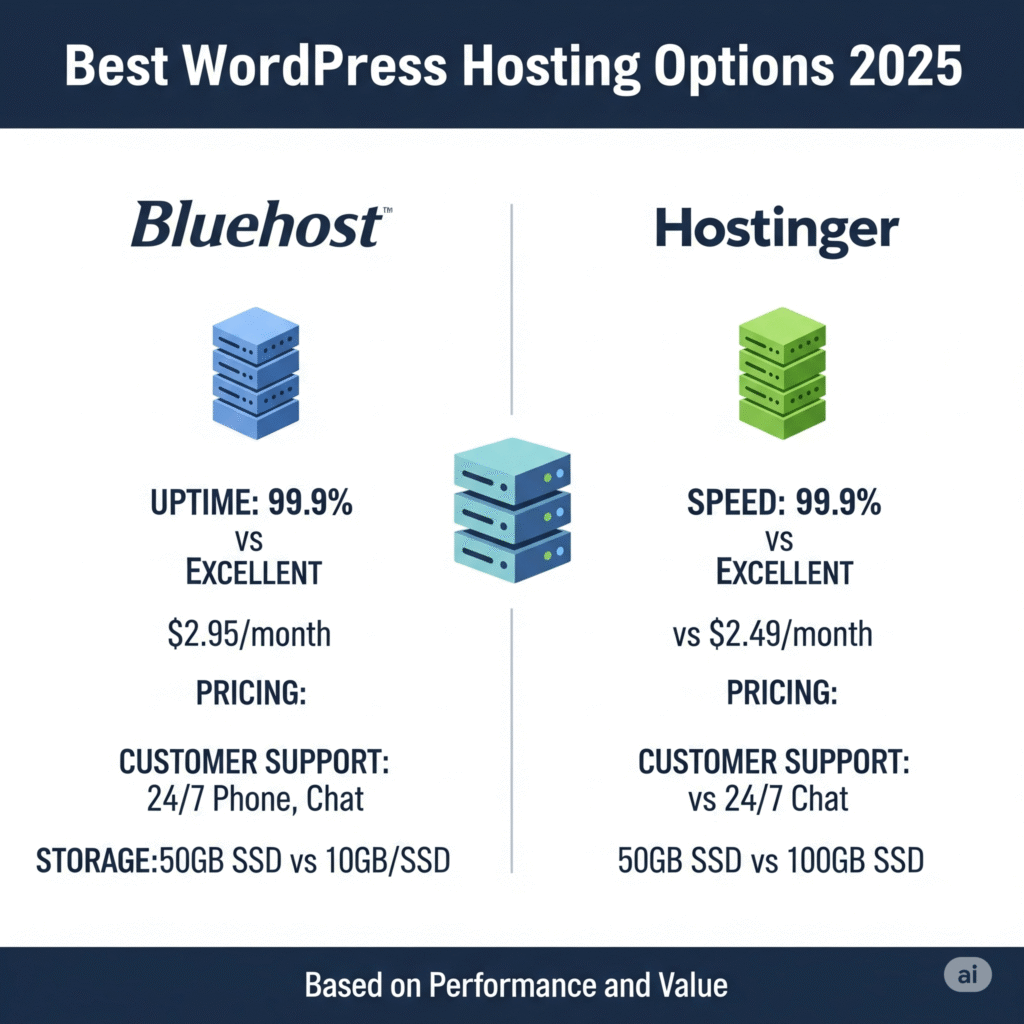 Bluehost vs Hostinger comparison for the best WordPress hosting in 2025, showing logos, speed, and pricing features side by side.