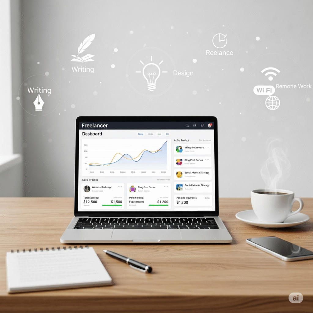 Freelancer workspace with laptop, earnings dashboard, and tools for remote work, illustrating how to make money freelancing in 2025.