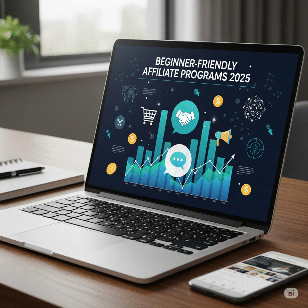 Affiliate Programs for Beginners 2025 illustrated with a laptop and digital marketing icons on screen