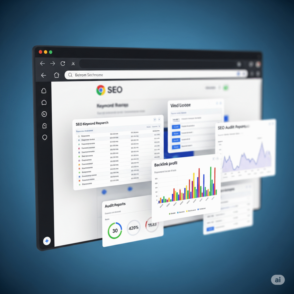 Featured image showing a Chrome browser window with SEO tool dashboards and analytics graphs for the Top 5 Chrome Extensions for SEO in 2025 article