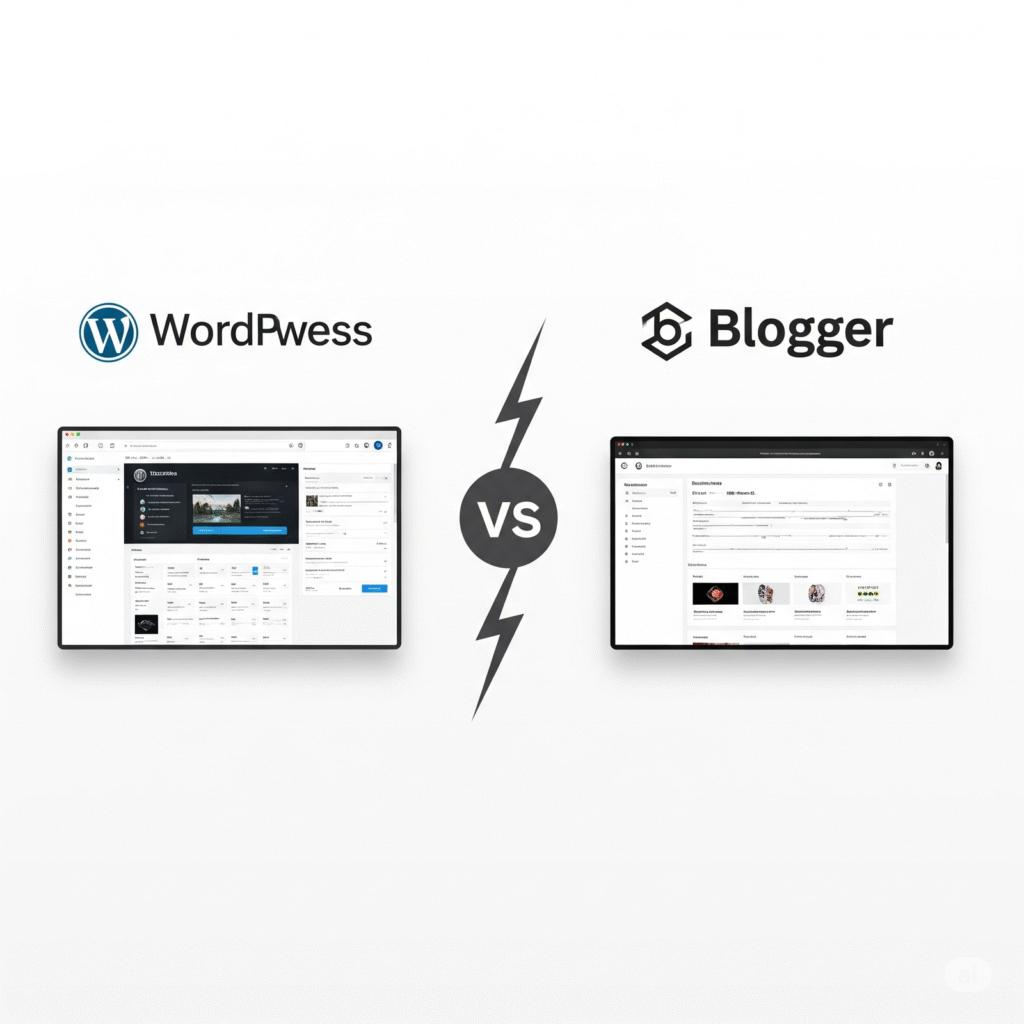 WordPress vs Blogger – Split-screen image showing WordPress and Blogger dashboards side by side for blogging platform comparison