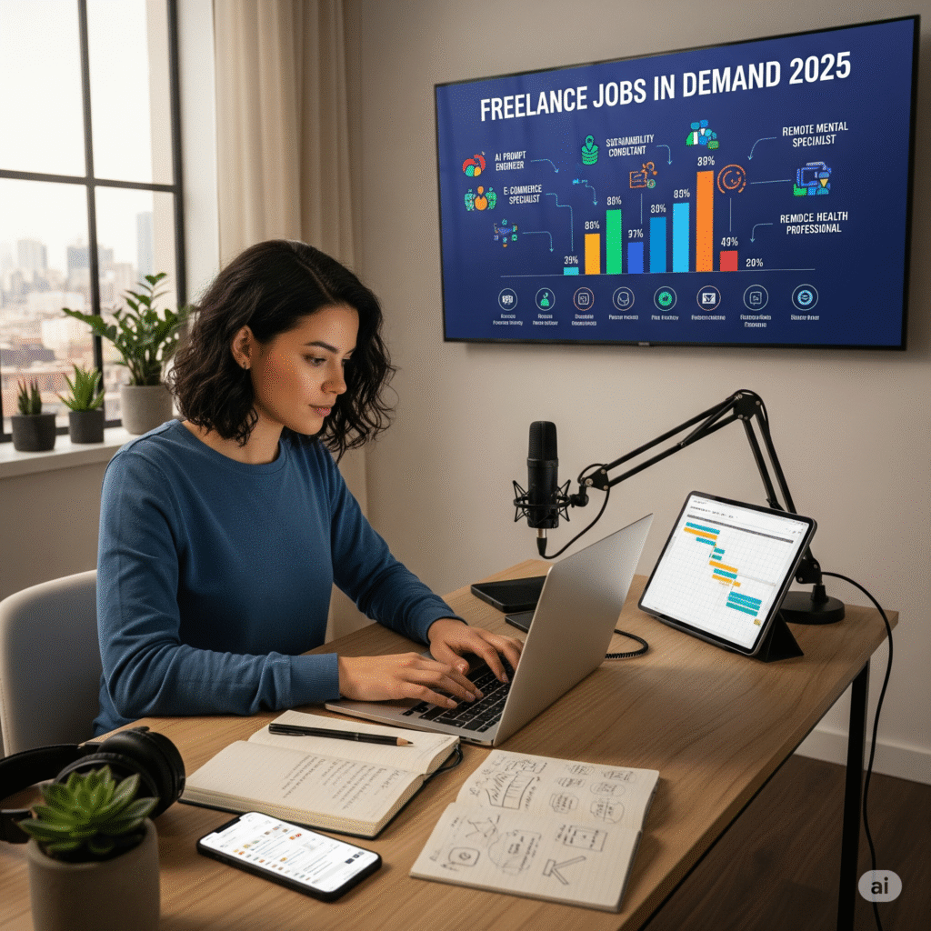 Freelancer working remotely in 2025 on a laptop, representing freelance jobs in demand.