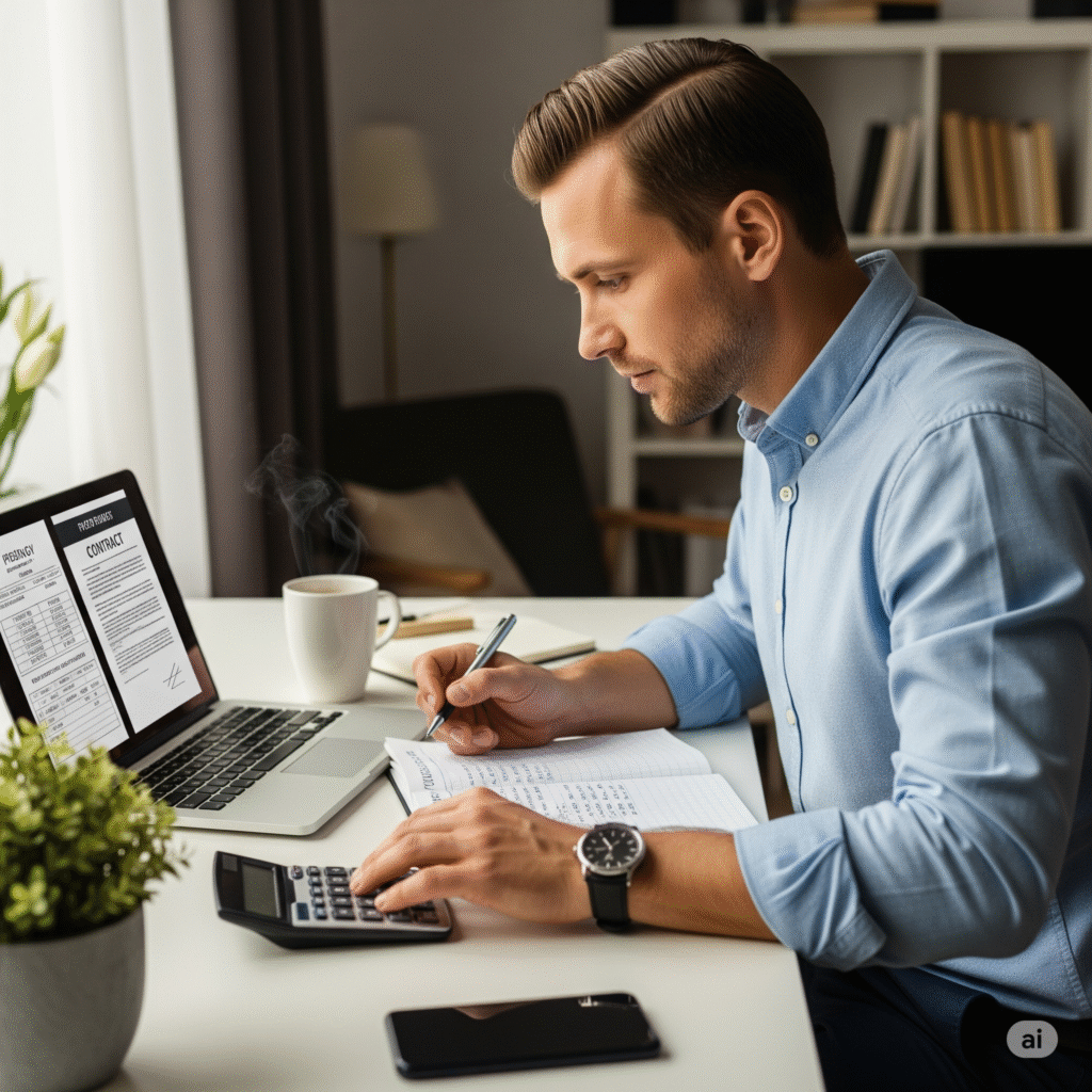 Freelancer calculating rates and reviewing a contract, representing how to make money freelancing by pricing and negotiating effectively.