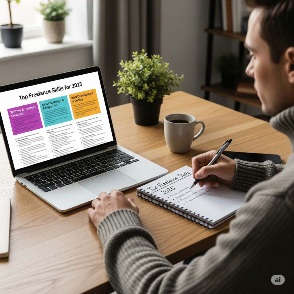 Freelancer researching profitable skills for 2025 on a laptop, with a notepad listing top freelance services like writing and design.