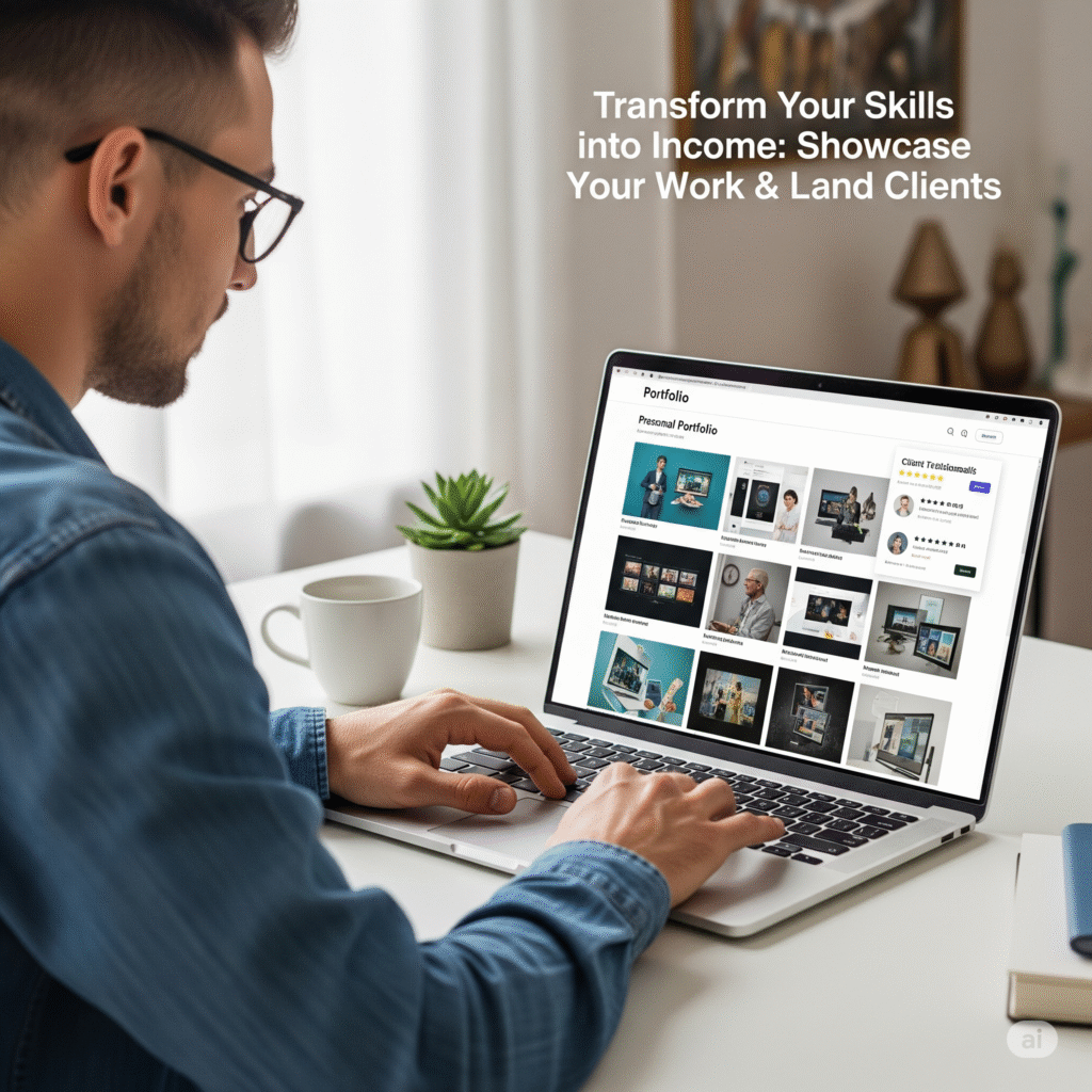 Freelancer building a credible portfolio to showcase skills -how to make money freelancing with strong project examples and client testimonials.