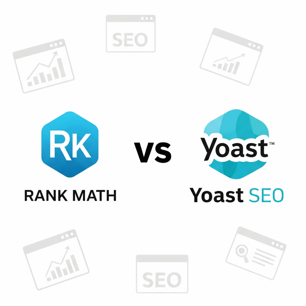 Rank Math vs Yoast SEO comparison graphic showing plugin logos and SEO icons for WordPress optimization in 2025