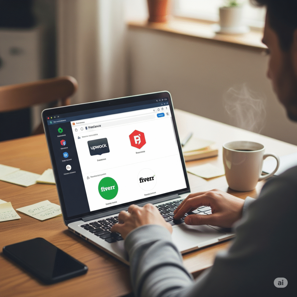 Freelancer using Upwork and Fiverr to learn how to make money freelancing on popular platforms.