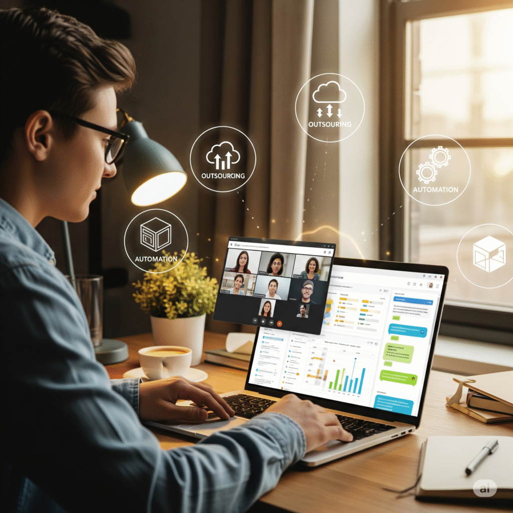 A freelancer sitting at a desk managing a remote team on a laptop, with charts, task boards, and messaging apps open on screen. Around them are icons representing outsourcing, automation, and digital products, symbolizing the scaling of freelance work.