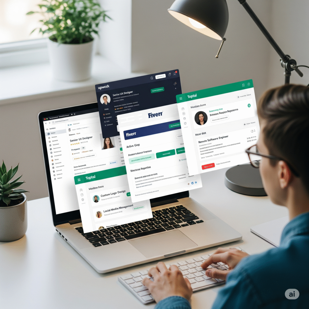 Freelancer browsing top freelance sites in 2025 on a laptop, showing job listings and platform dashboards
