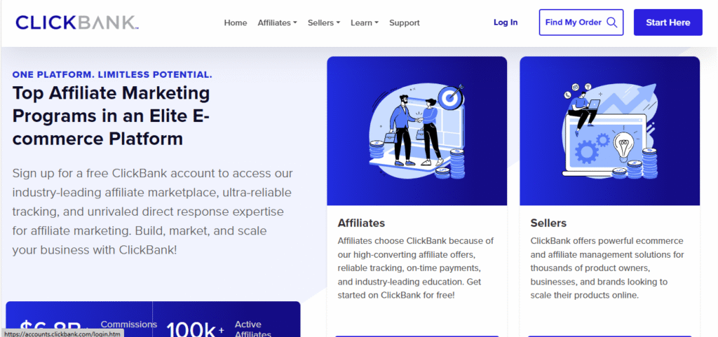 ClickBank homepage screenshot - Affiliate Programs for Beginners 2025