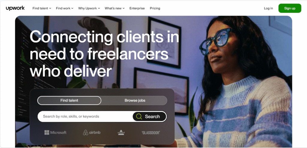 Upwork homepage screenshot showing freelance jobs and services, highlighting top freelance sites in 2025