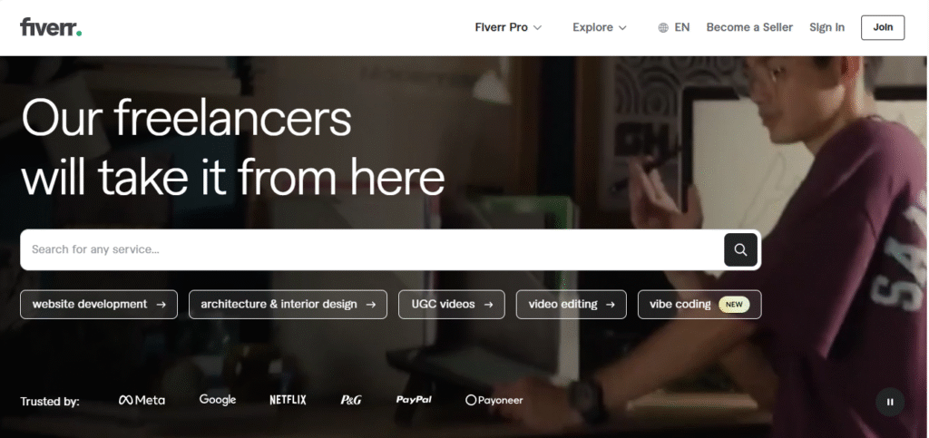 Fiverr homepage screenshot displaying freelance services, representing top freelance sites in 2025