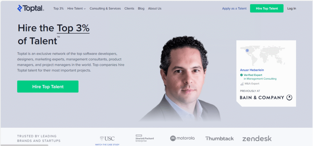 Toptal homepage screenshot featuring premium freelance services, representing top freelance sites in 2025