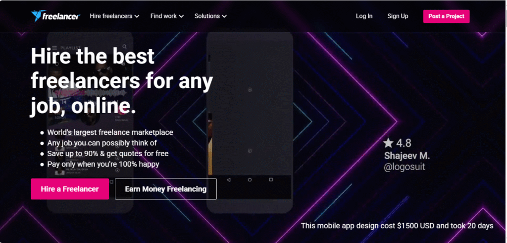 Freelancer.com homepage screenshot showing available freelance projects and services on top freelance sites in 2025