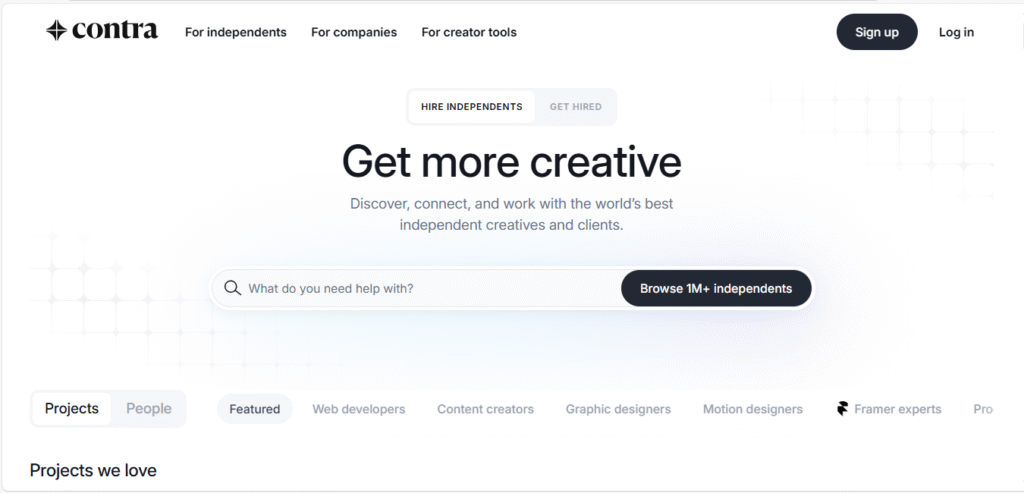 Contra homepage screenshot showcasing freelance tools and client features on top freelance sites in 2025