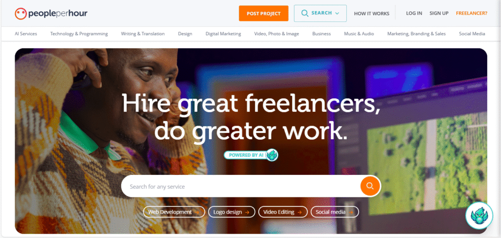 PeoplePerHour homepage screenshot showing freelance job categories and services on top freelance sites in 2025