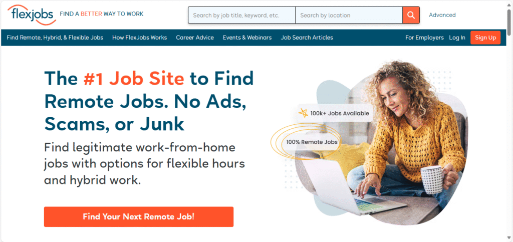 FlexJobs homepage screenshot displaying remote freelance listings, highlighting trusted freelance sites in 2025