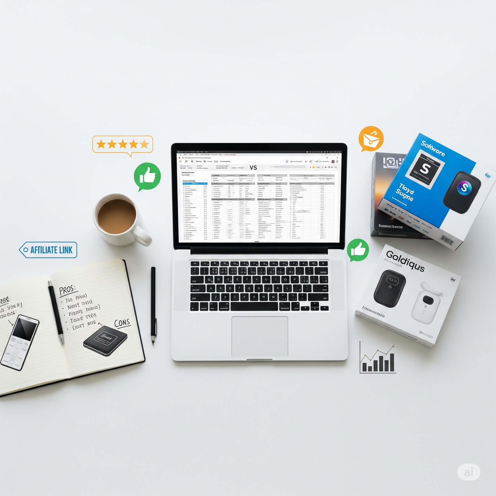 Workspace with laptop, notes, and product boxes for a blog product review.